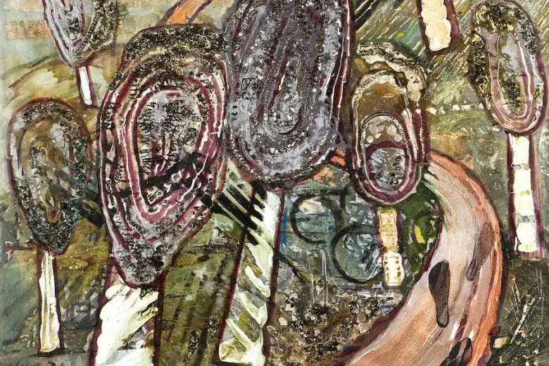 Lidija Auza. Walking Through a Silver Birch Grove. 1970. Canvas, oil, PVA tempera, metal shavings. Collection of Latvian National Museum of Art. Photo: Normunds Brasliņš.